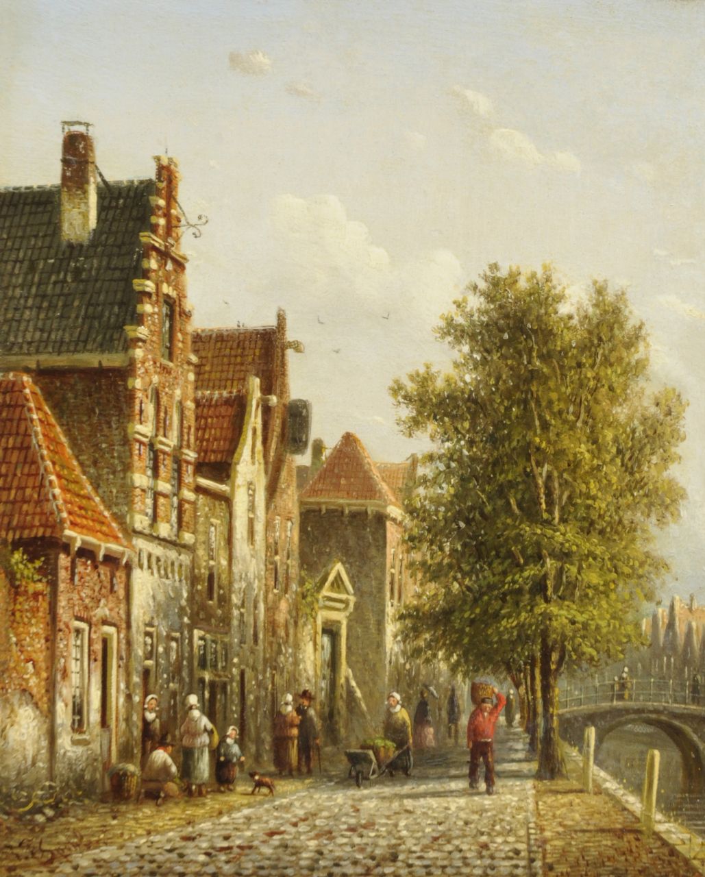 Spohler J.F.  | Johannes Franciscus Spohler, A sunny canal in a Dutch town, Öl auf Holz 19,4 x 15,8 cm, signed l.l.