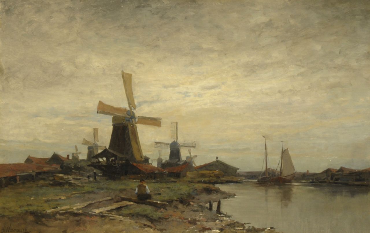 Wijsmuller J.H.  | Jan Hillebrand Wijsmuller, Mills near the waterfront, Öl auf Leinwand 60,5 x 92,5 cm, signed l.l.