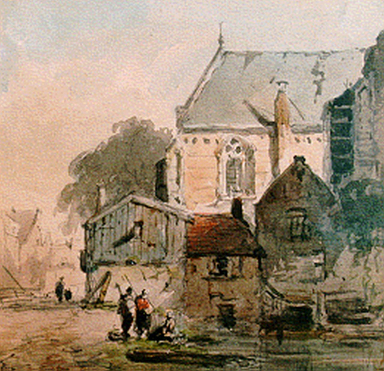 Eversen A.  | Adrianus Eversen, Figures by church, Aquarell auf Papier 12,4 x 12,7 cm, signed l.r. with monogram