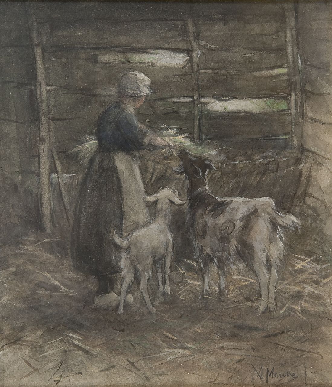 Mauve A.  | Anthonij 'Anton' Mauve, Feeding the goats, Aquarell auf Papier 25,6 x 22,2 cm, signed l.r.