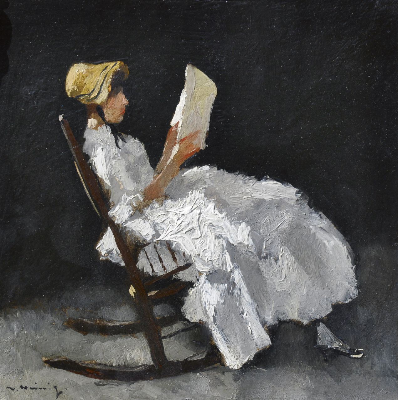 Heimig W.  | Walter Heimig, A young woman, reading in a rocking chair, Öl auf Holz 31,1 x 31,0 cm, signed l.l.