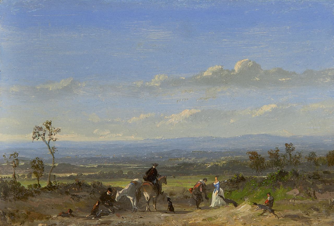 Tavenraat J.  | Johannes Tavenraat, Hunting party in a landscape, Öl auf Holz 10,3 x 15,0 cm, signed l.l. (vague)