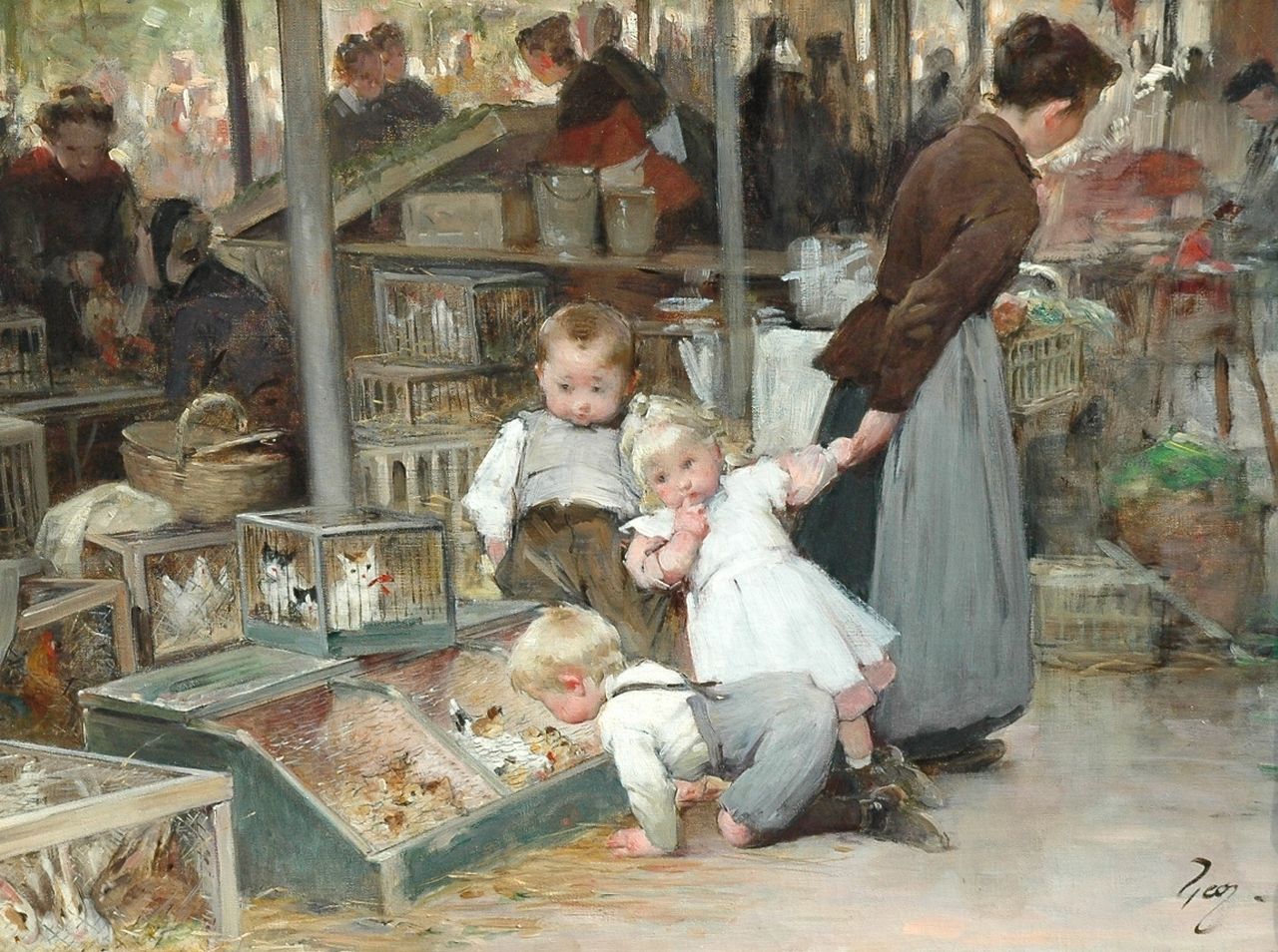 Geoffroy H.J.J.  | Henry Jules Jean Geoffroy, The animal market in Belleville, Öl auf Leinwand 47,4 x 63,9 cm, signed l.r.