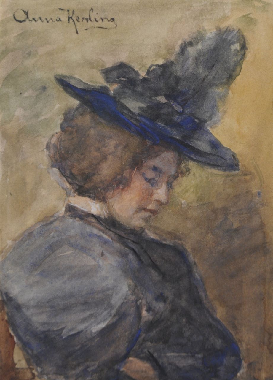 Kerling A.E.  | Anna Elisabeth Kerling, Dame in Hut, Aquarell auf Papier 16,1 x 11,6 cm, Unterzeichnet l.o.