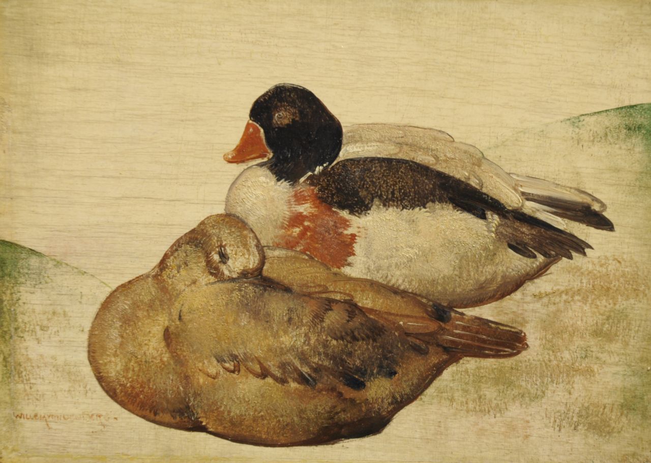 Berg W.H. van den | 'Willem' Hendrik van den Berg, Zwei Enten, Öl auf Holz 16,0 x 22,0 cm, Unterzeichnet l.u. und im Verso