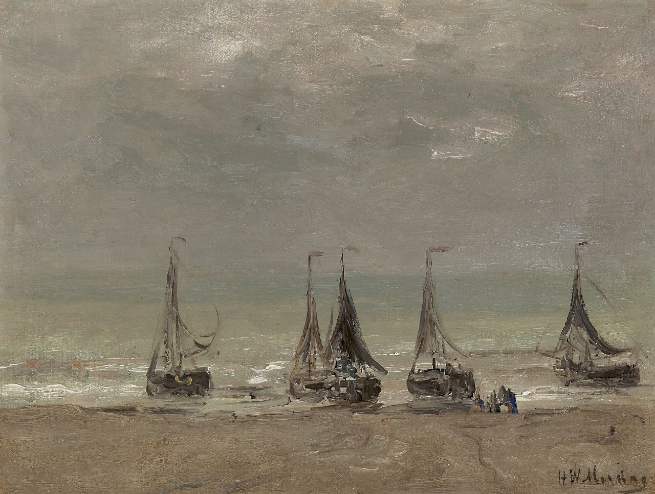 Mesdag H.W.  | Hendrik Willem Mesdag, Five fishing boats on the beach, Öl auf Leinwand auf Holz 30,4 x 40,4 cm, signed l.r.