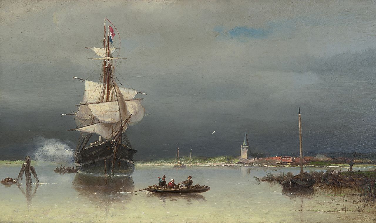 Riegen N.  | Nicolaas Riegen, Ships near a harbour, Öl auf Holz 22,0 x 36,9 cm, signed l.r.