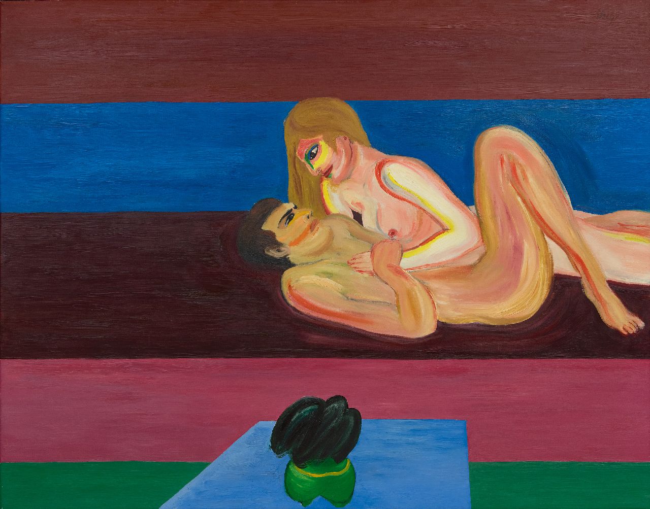 Yvan Theys | Liefdesscène in abstracte ruimte/Sich liebendes Paar in einem abstrakten Raum, Öl auf Leinwand, 118,0 x 146,1 cm, Unterzeichnet r.o. und datiert 1975 auf dem Keilrahmen