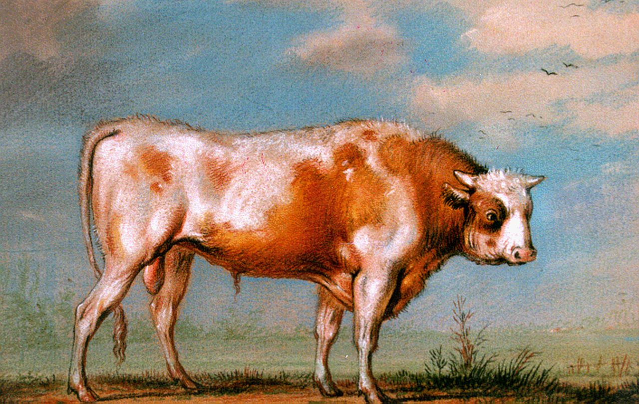 Verboeckhoven E.J.  | Eugène Joseph Verboeckhoven, Red-and-white bull, Pastell auf Papier 12,5 x 16,6 cm, signed l.l. with monogram und dated 1817