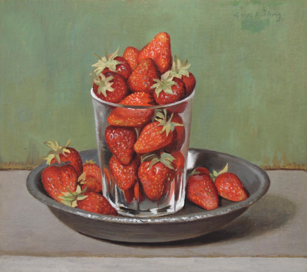 Röling G.V.A.  | Gerard Victor Alphons Röling, Strawberries in a glass on a pewter plate, Öl auf Holzfaser 24,7 x 27,5 cm, signed u.r.