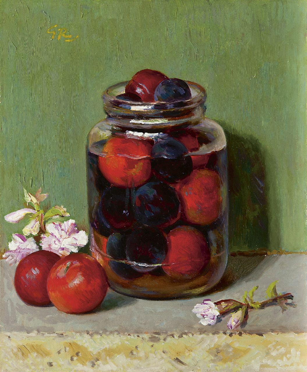 Röling G.V.A.  | Gerard Victor Alphons 'Gé' Röling, Plums in a pot, Öl auf Holzfaser 30,1 x 25,0 cm, signed u.l. with initials and in full on the reverse
