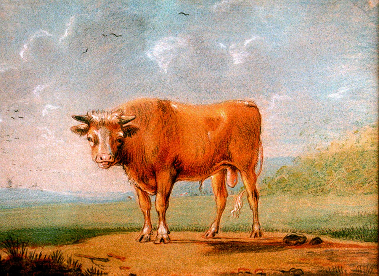 Verboeckhoven E.J.  | Eugène Joseph Verboeckhoven, Bull in a landscape, Pastell auf Papier 12,8 x 16,5 cm, signed c.r. und dated 1817