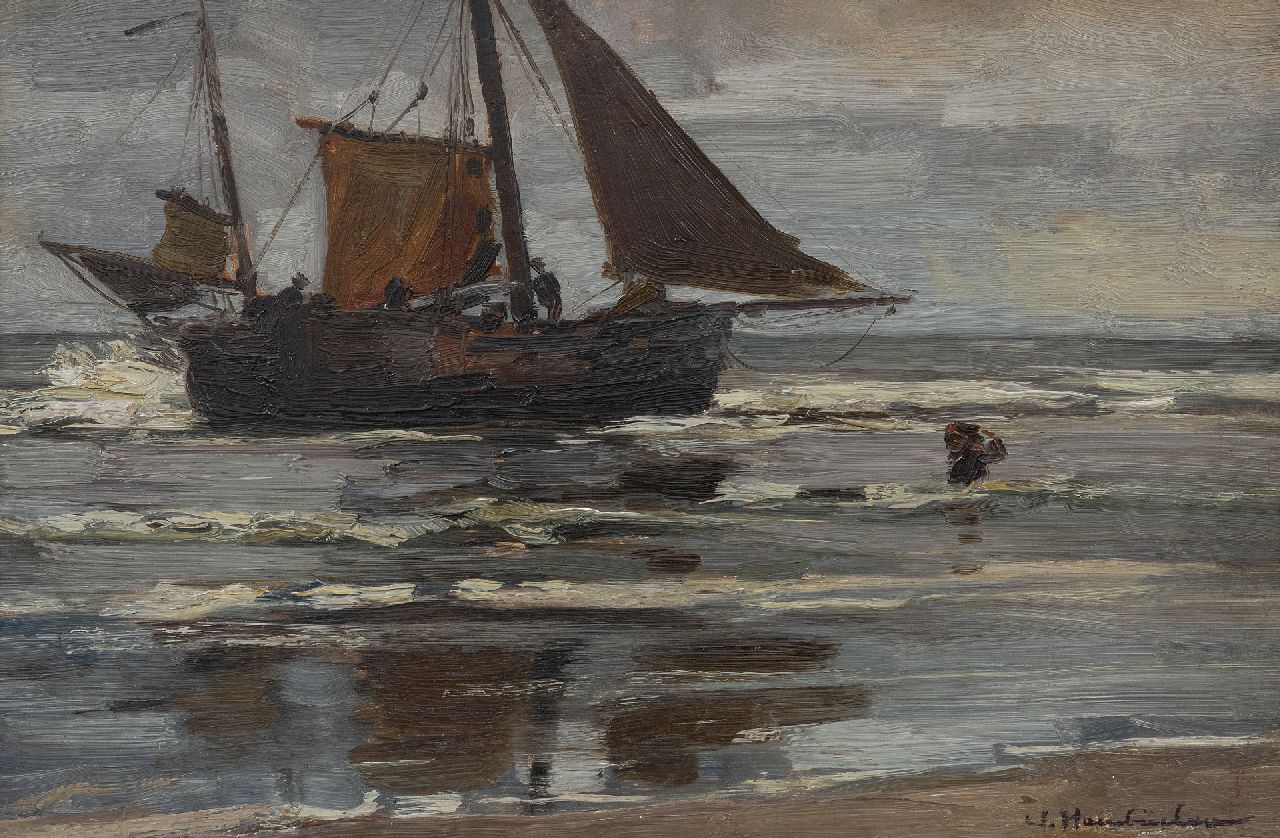 Hambüchen W.  | Wilhelm Hambüchen | Gemälde zum Verkauf angeboten | Entladen des Fischzuges, Katwijk, Öl auf Holz 27,9 x 42,2 cm, Unterzeichnet r.u.