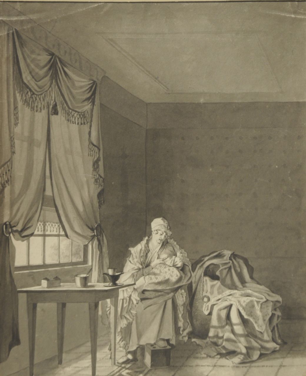 Abraham Krayestein | Innenraum mit Frau und Kind, Feder, Pinsel und Tinte auf Papier, 34,4 x 28,2 cm, Unterzeichnet M.o. auf Aufsatzteil und datiert 1829