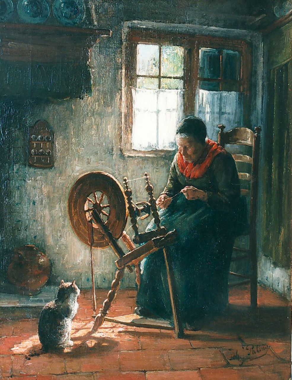 Paling J.J.  | Johannes Jacobus Paling, A farmer's wife spinning, Öl auf Leinwand 52,0 x 40,0 cm, signed l.r.