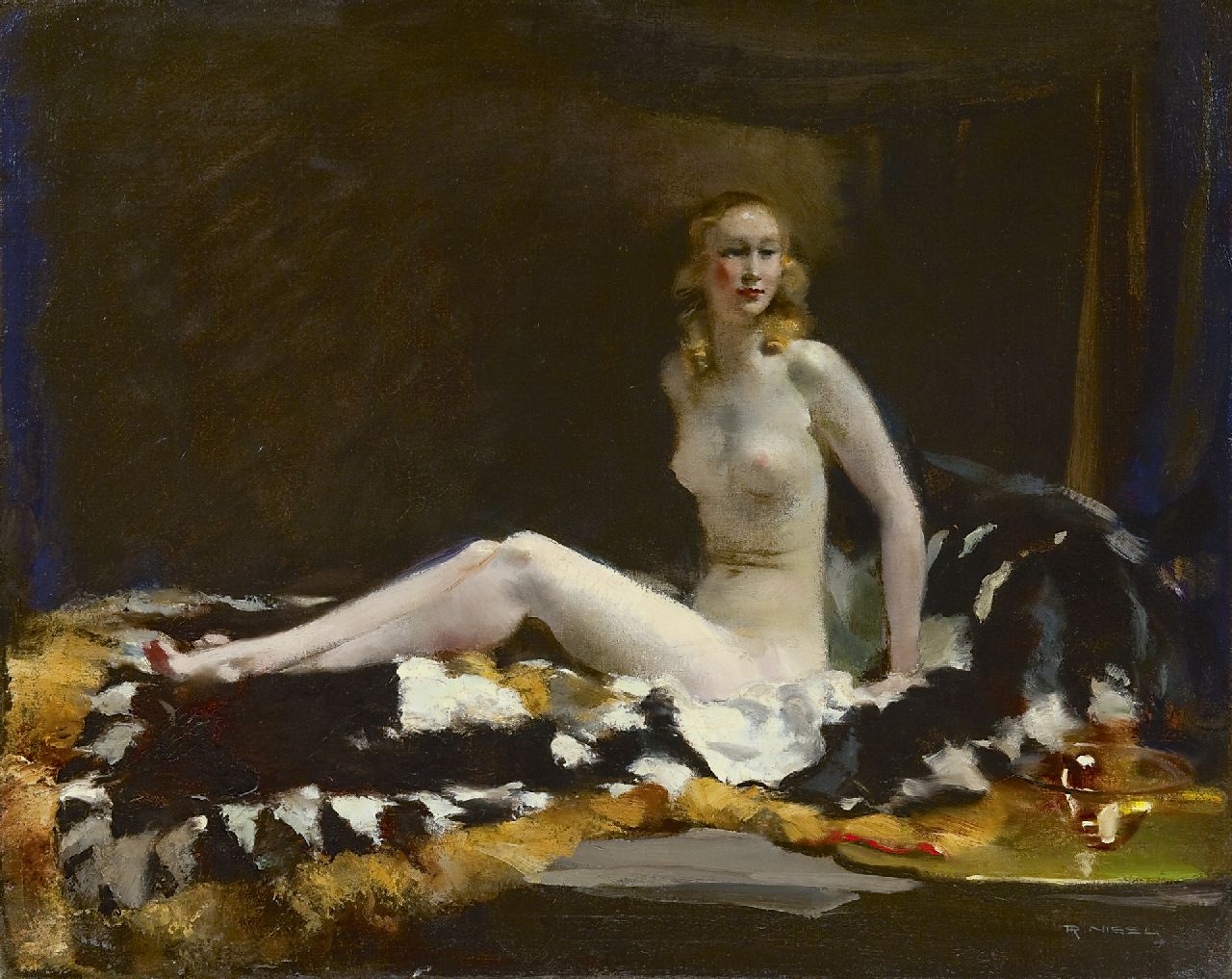 Nissl R.  | Rudolf Nissl, A female nude, Öl auf Leinwand 57,3 x 72,2 cm, signed l.r.