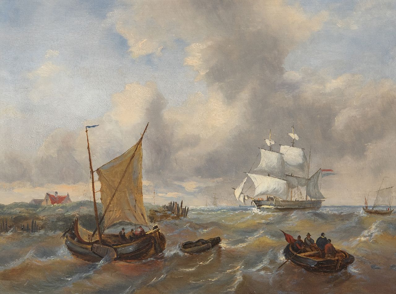George Willem Opdenhoff (toegeschreven aan) | Schiffe vor der Küste in starker Brise, Öl auf Holz, 23,7 x 32,0 cm