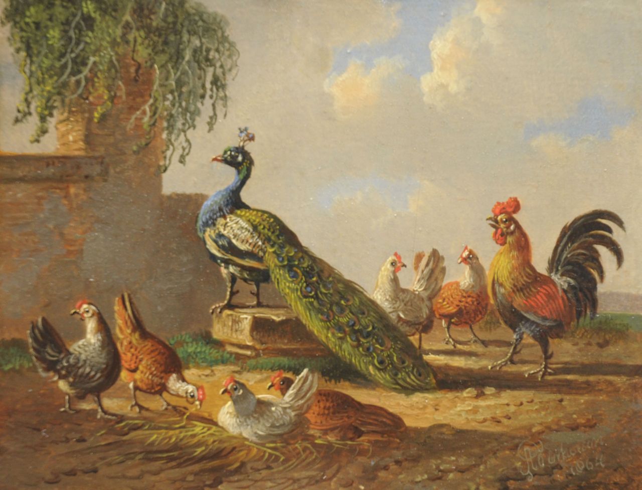 Verhoesen A.  | Albertus Verhoesen, Pfau zwischen Hühnern, Öl auf Holz 10,9 x 14,0 cm, Unterzeichnet r.u. und datiert 1864
