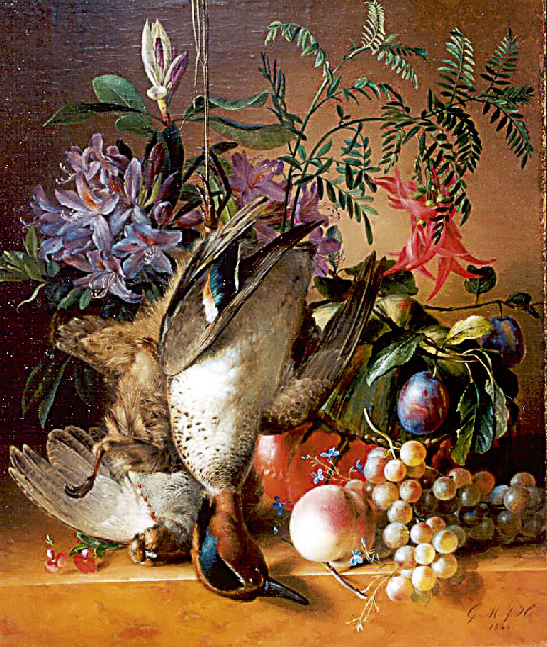 Huidekoper G.M.J.  | Geertruida Margaretha Jacoba Huidekoper, A still life with flowers, fruits and dead game, Öl auf Leinwand auf Holz 54,2 x 46,3 cm, signed l.r. with initials und dated 1844