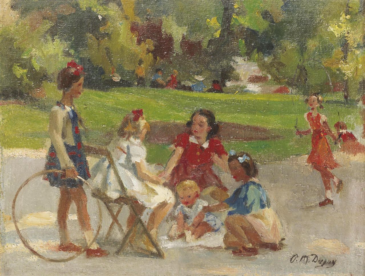 Dupuy P.M.  | Paul Michel Dupuy, Spielende Mädchen im Parc Monceau, Paris, Öl auf Leinwand 28,6 x 37,2 cm, Unterzeichnet r.u.