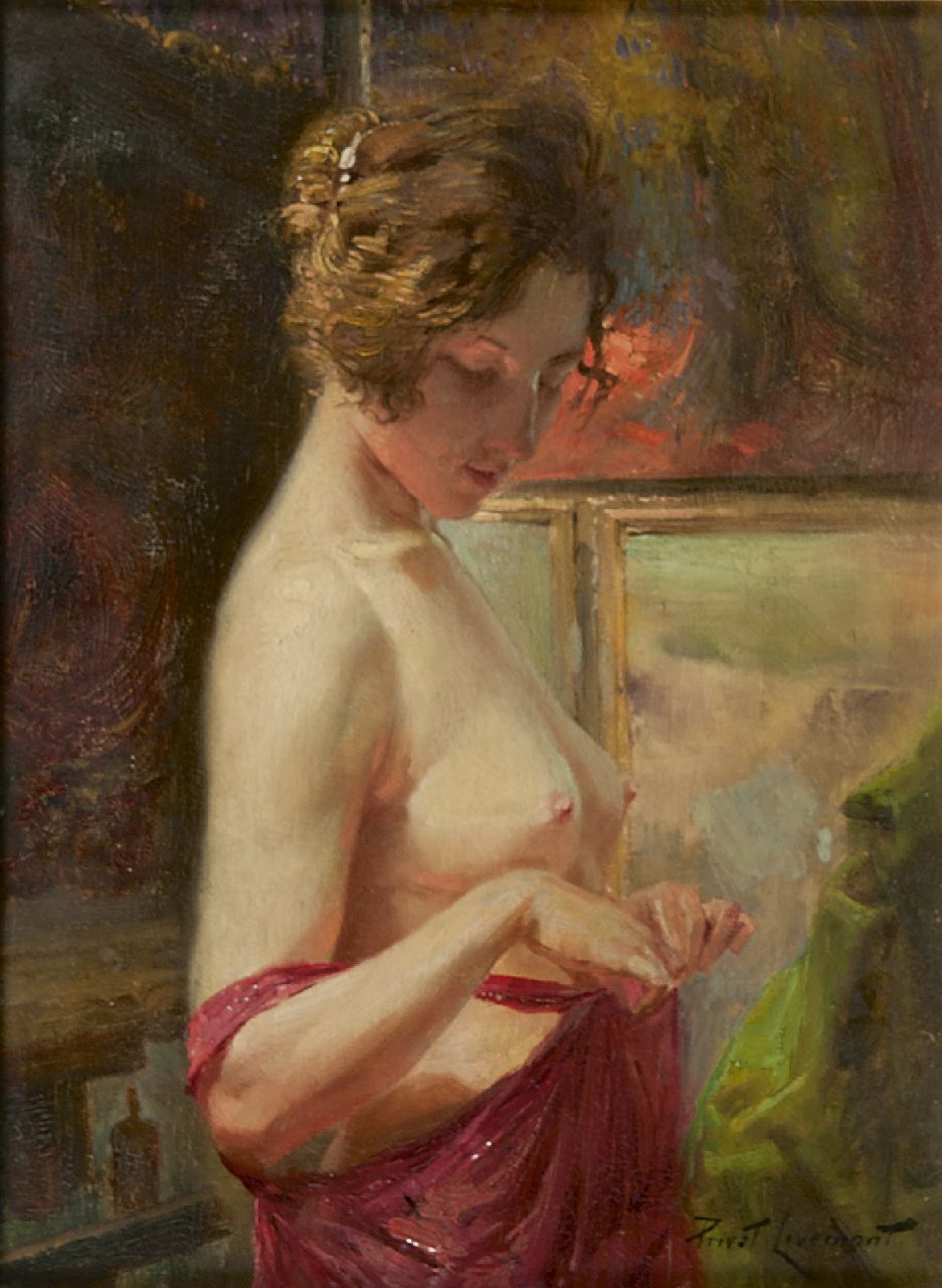 Livemont H.P.A.T.  | Henri 'Privat' Antoine Théodore Livemont, A young woman, undressing, Öl auf Holz 29,8 x 22,7 cm, signed l.r.