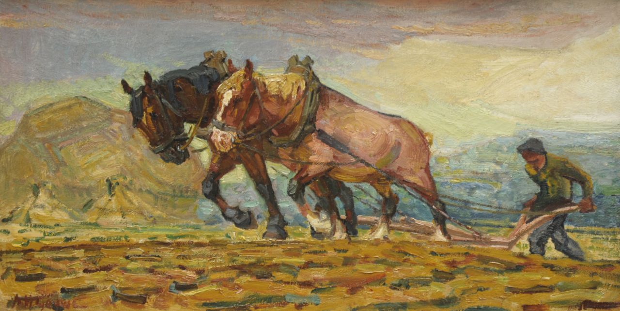 Gouwe A.H.  | Adriaan Herman Gouwe, Plowing farmer with two horses, Öl auf Leinwand 36,8 x 70,3 cm, signed l.l.