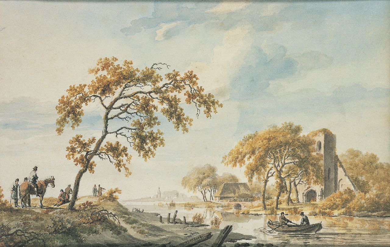 Koekkoek B.C.  | Barend Cornelis Koekkoek, Landvolk Bij Een Rivier traf Ruïne, Getuschte Tinte und Aquarell auf Papier 17,4 x 26,5 cm, signed l.c.