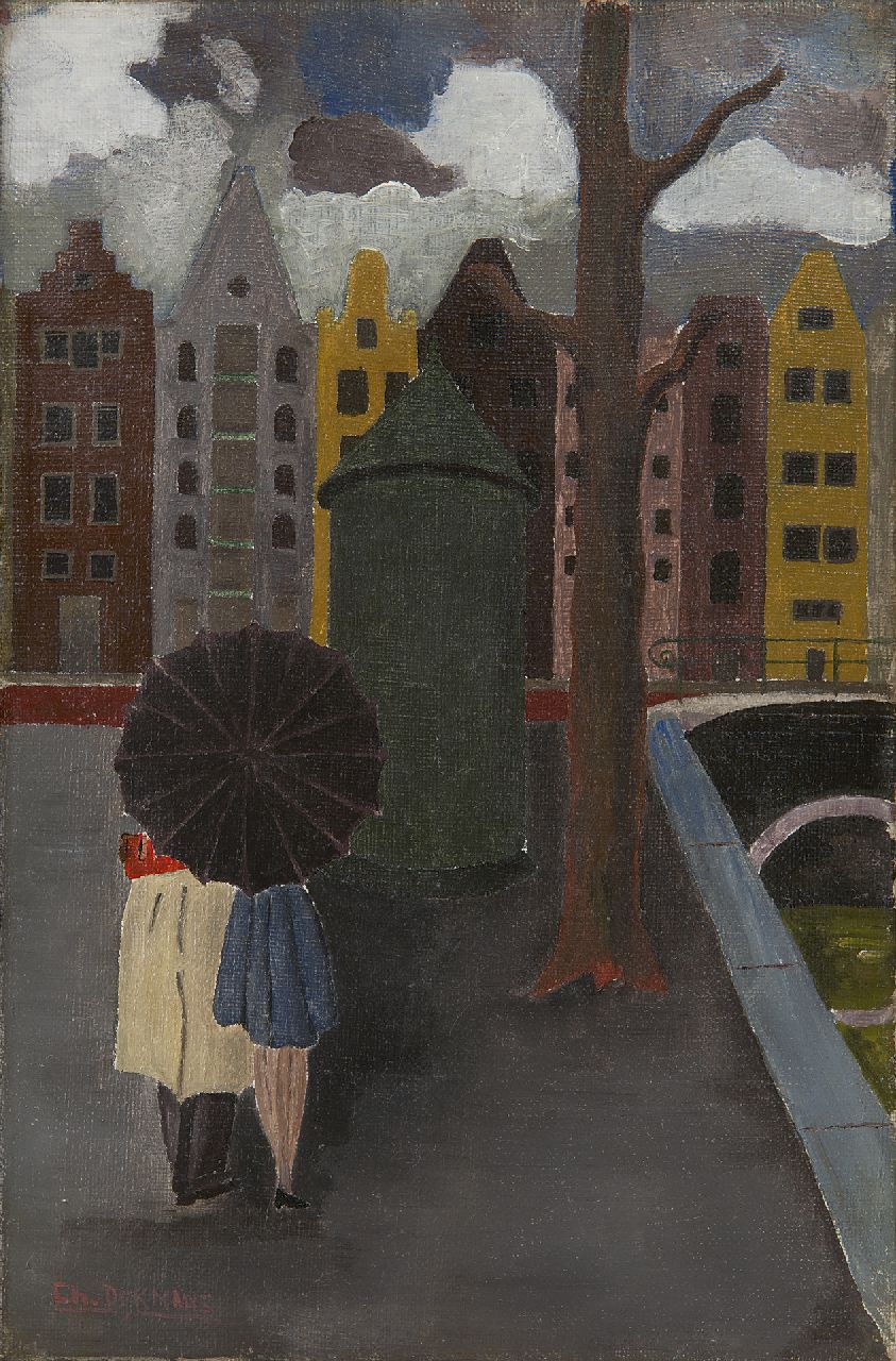 Dijkmans C.  | Chris Dijkmans, Zusammen unter dem Regenschirm, Amsterdam, Öl auf Leinwand 30,0 x 19,9 cm, Unterzeichnet l.u.