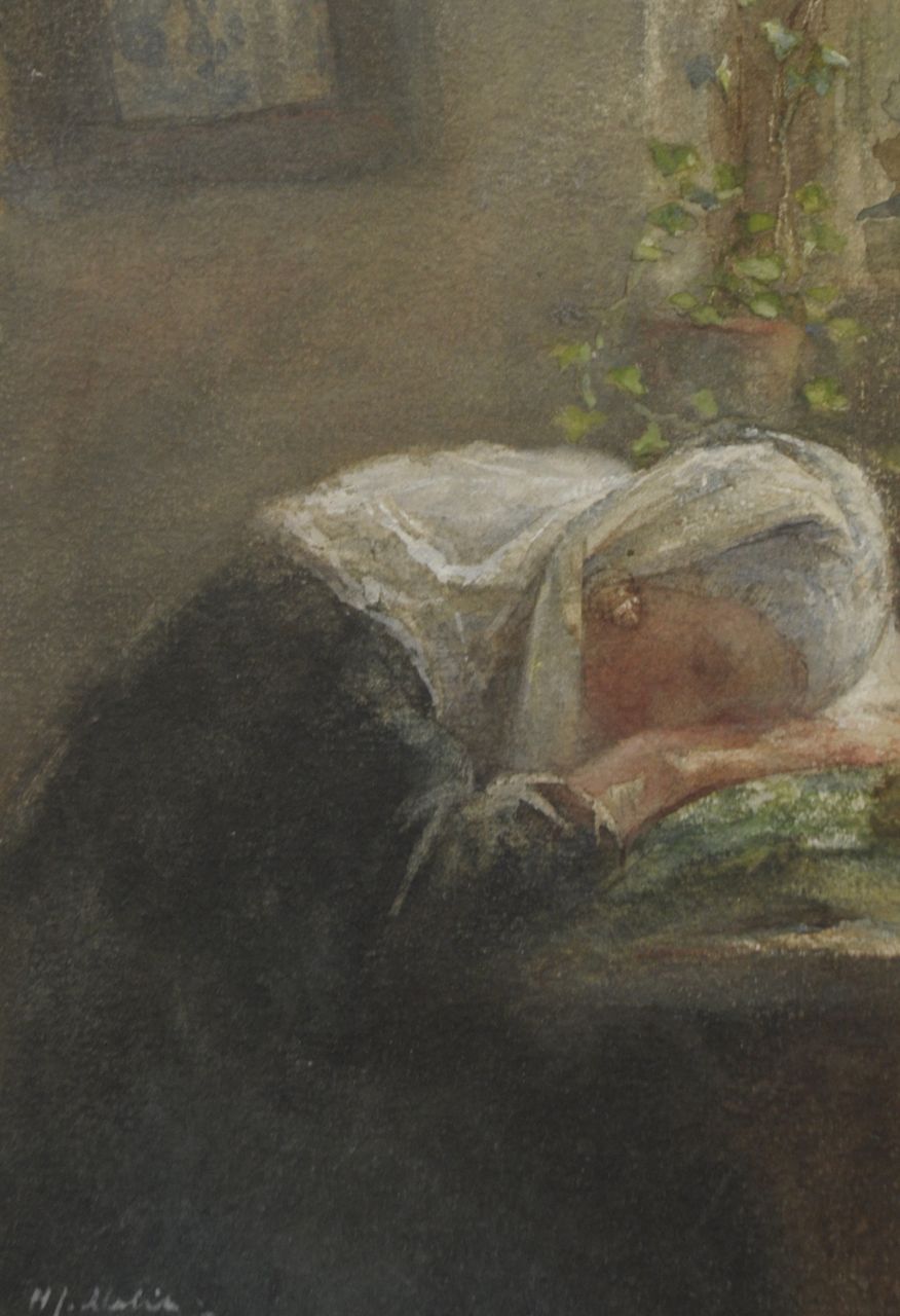 Mélis H.J.  | Henricus Joannes Mélis, The afternoon nap, Aquarell auf Papier 17,5 x 12,3 cm, signed l.l.