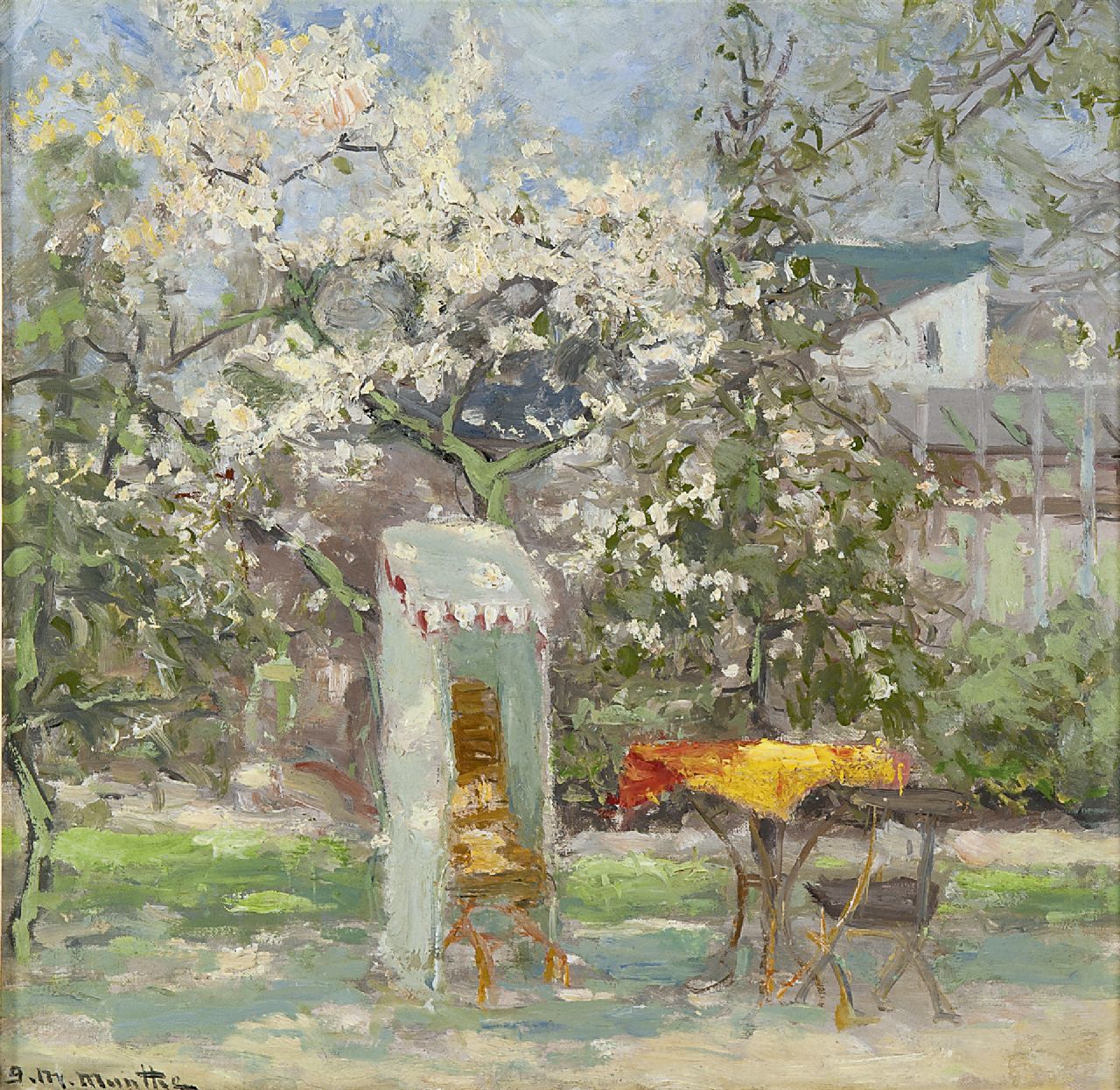Munthe G.A.L.  | Gerhard Arij Ludwig 'Morgenstjerne' Munthe, Garden with patio under blossoming tree, Öl auf Leinwand  auf Holzfaser 31,0 x 32,0 cm, signed l.l.