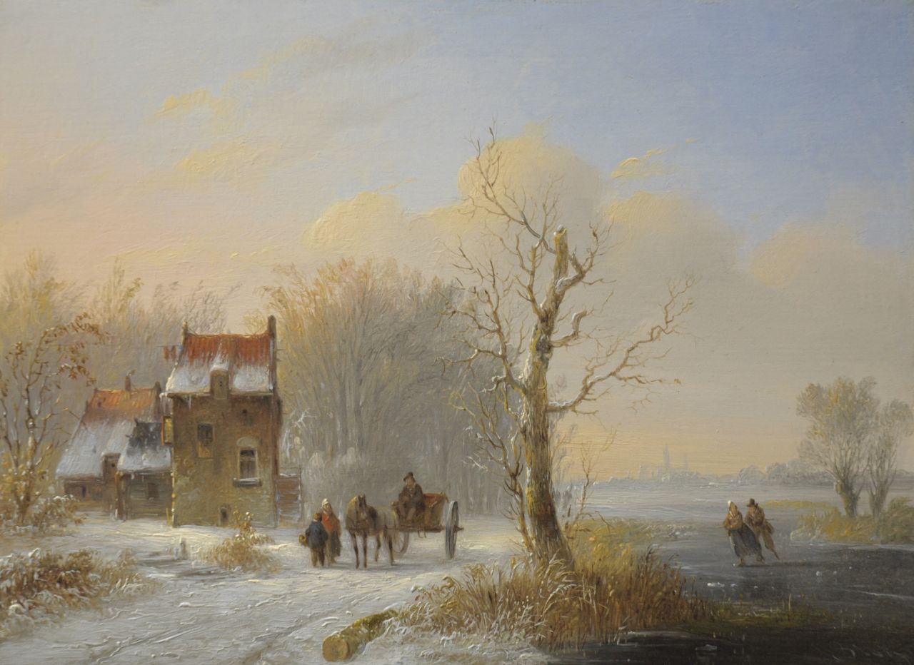 Stok J. van der | Jacobus van der Stok, Winter scene with skaters and horse cart, Öl auf Holz 19,6 x 26,4 cm, signed l.r.