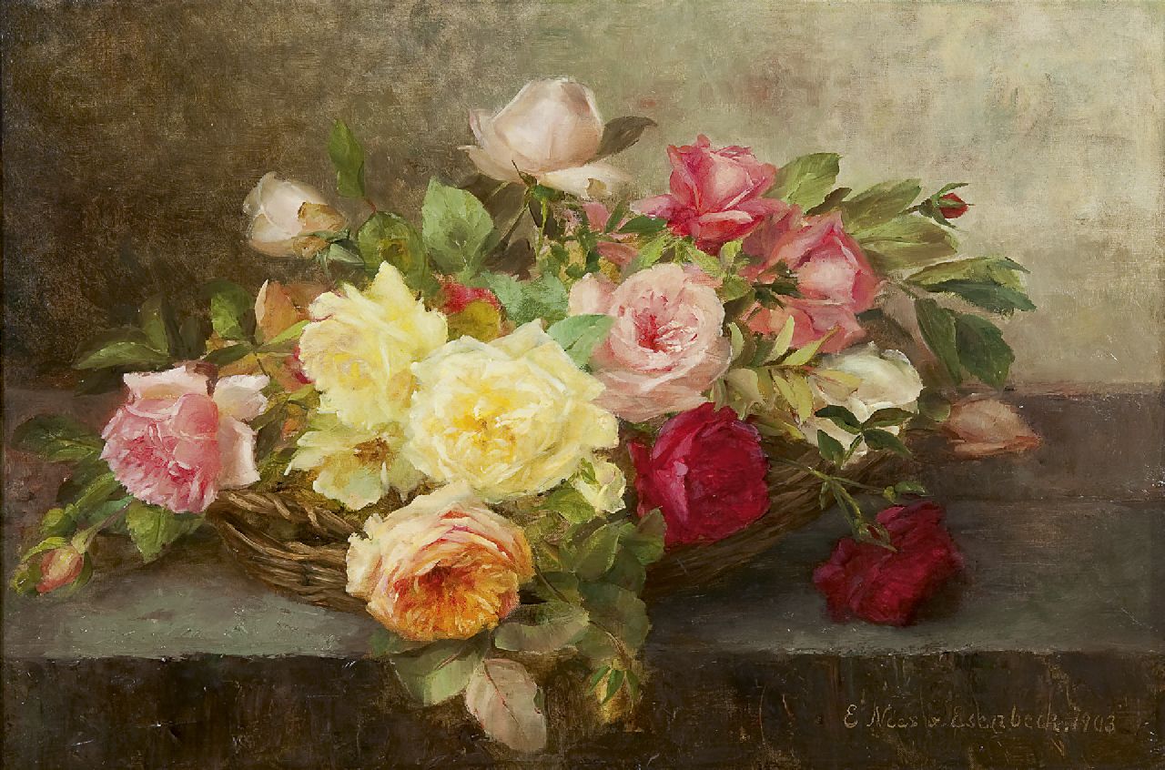 Nees von Esenbeck E.  | Elise Nees von Esenbeck, A still life with roses, Öl auf Leinwand 44,6 x 66,5 cm, signed l.r. und dated 1903