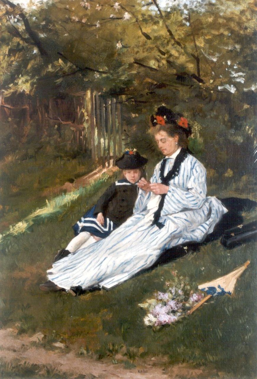 Victor Fontaine | Mother and daughter in a garden, Öl auf Leinwand auf Holz, 62,3 x 43,7 cm