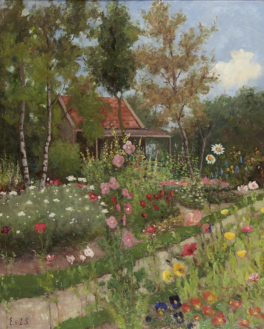 Limburg Stirum E.A.R. van | Eldina Aldegonda Rinsina van Limburg Stirum, A flower garden with a house, Öl auf Leinwand 80,5 x 65,7 cm, signed l.l. with initials