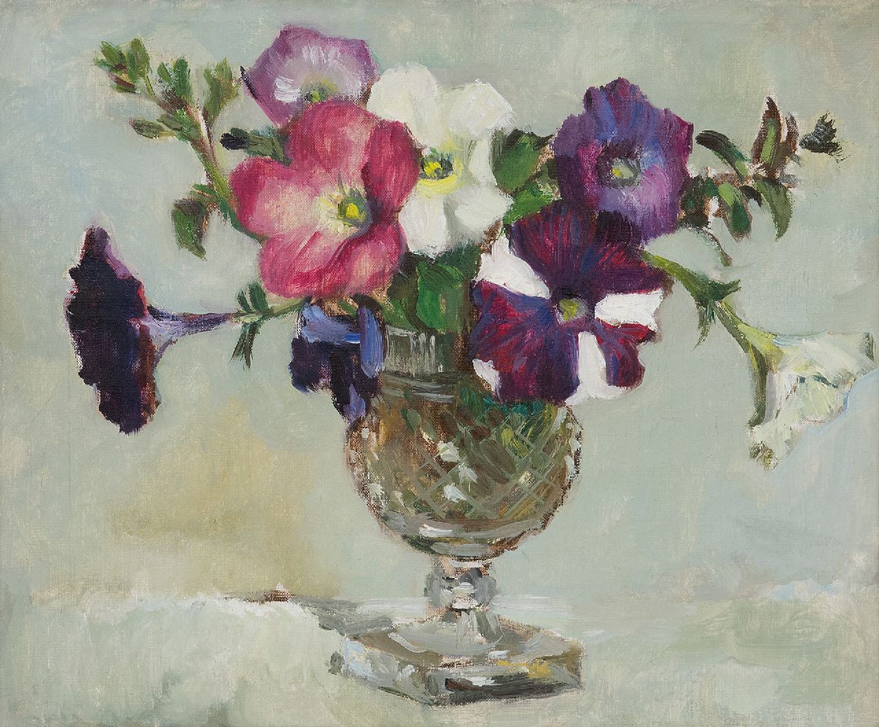 Arntzenius E.C.  | Elise Claudine Arntzenius, Petunien in einer Vase, Öl auf Leinwand 25,2 x 30,2 cm