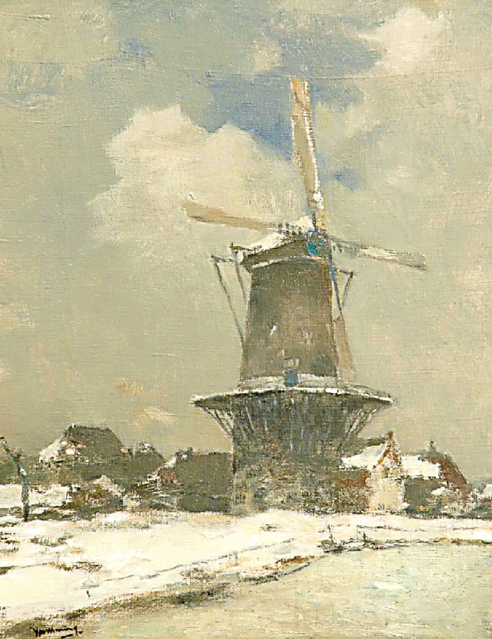 Wenning IJ.H.  | IJpe Heerke 'Ype' Wenning, Flour mill De Hoop in Oudewater, in wintertime, Öl auf Leinwand 53,6 x 41,5 cm, signed l.l.