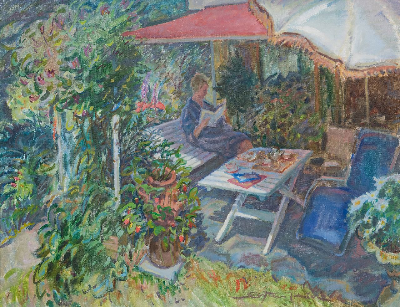 Sluijters jr. J.  | Jan Sluijters jr. | Gemälde zum Verkauf angeboten | Sonnige Gartenterrasse mit der Frau des Malers, Öl auf Leinwand 50,3 x 65,3 cm, Unterzeichnet r.v.d.M.