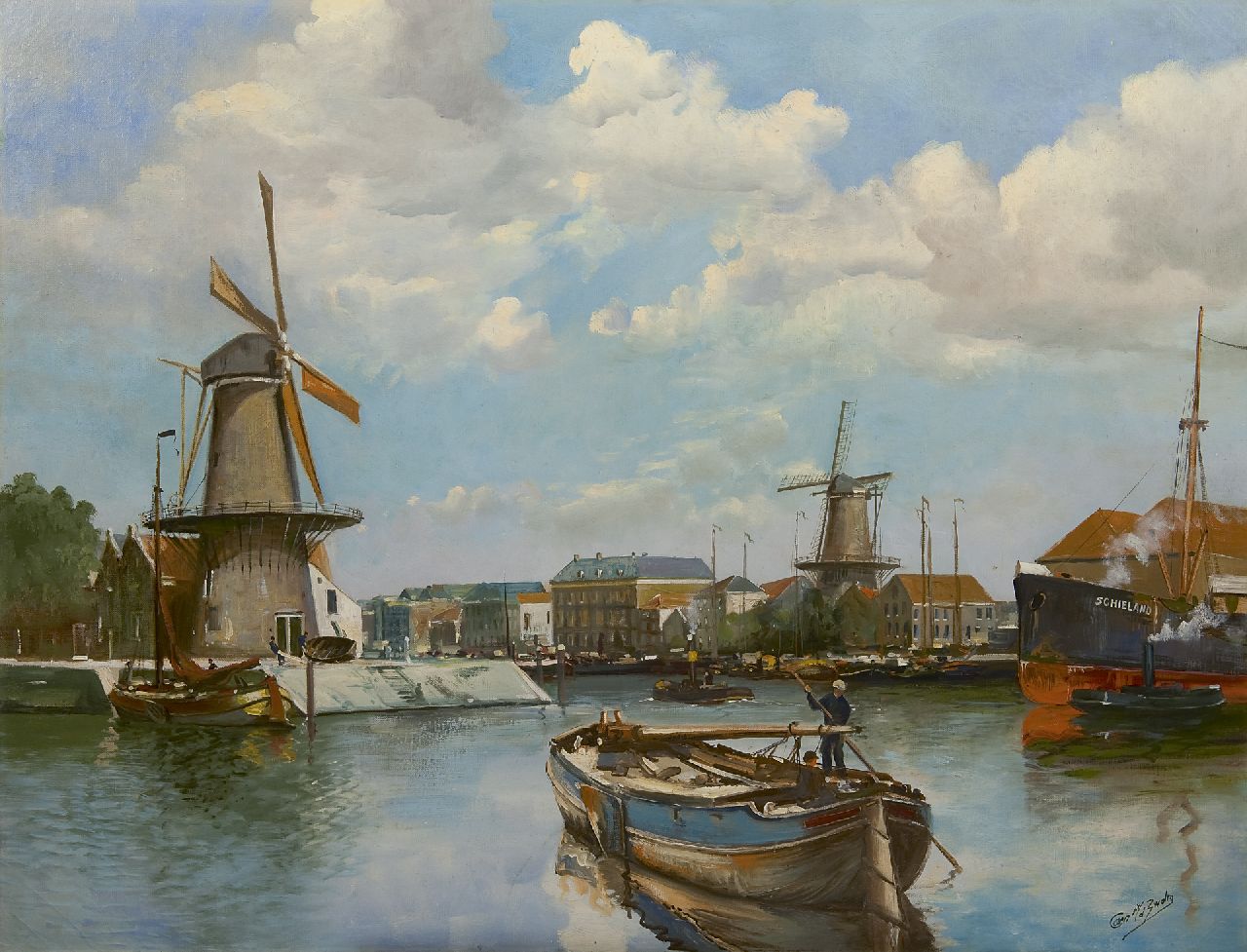 Zwalm C. van der | Cor van der Zwalm, Ansicht auf Delfshaven mit Malzmühle, Öl auf Leinwand 74,9 x 98,4 cm, Unterzeichnet r.u.