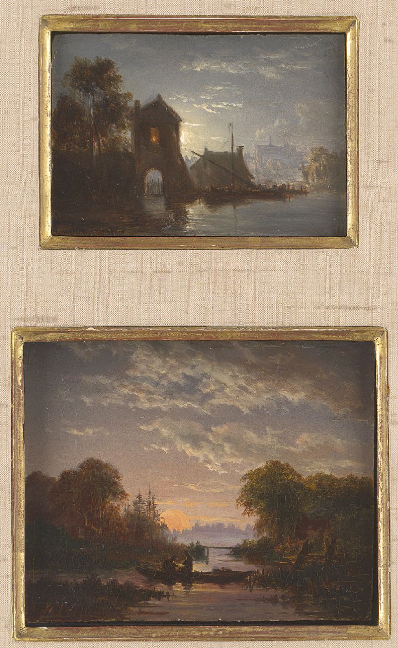 Abels J.Th.  | 'Jacobus' Theodorus Abels, Fishing at dawn and A moonlit harbour (together in one frame), Öl auf Holz 9,6 x 11,6 cm, signed one signed  l.l. with monogram