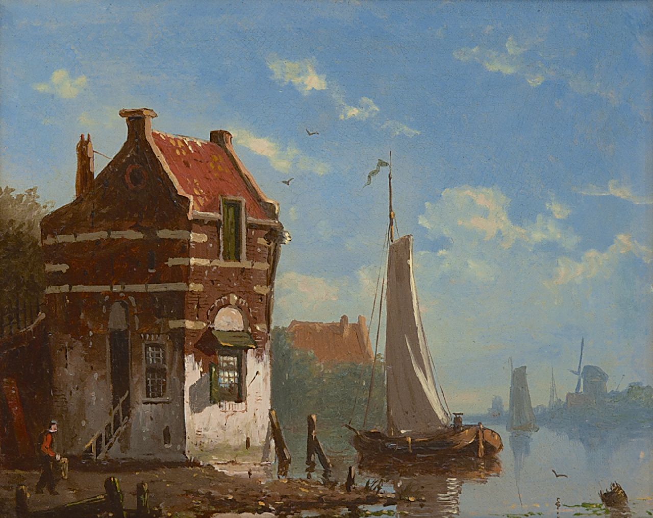 Roosdorp F.  | Frederik Roosdorp | Gemälde zum Verkauf angeboten | Segelboote auf ruhigem Wasser bei einem Dorf, Öl auf Holz 14,2 x 17,6 cm, Unterzeichnet l.u. mit Initial