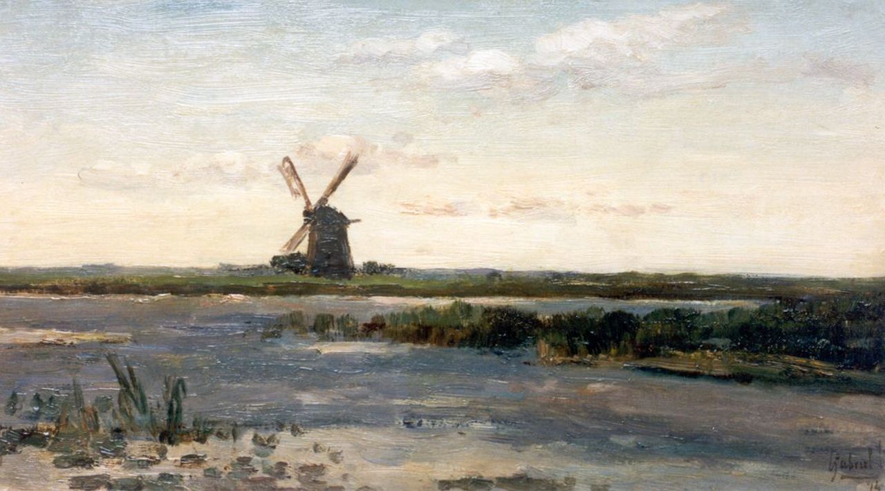 Gabriel P.J.C.  | Paul Joseph Constantin 'Constan(t)' Gabriel, A polder landscape with a windmill, Öl auf Holz 25,0 x 44,0 cm, signed l.r. und dated '74