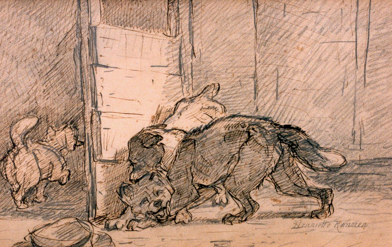 Ronner-Knip H.  | Henriette Ronner-Knip, The fight, Feder und Bleistift auf Papier 20,0 x 31,0 cm, signed l.r.