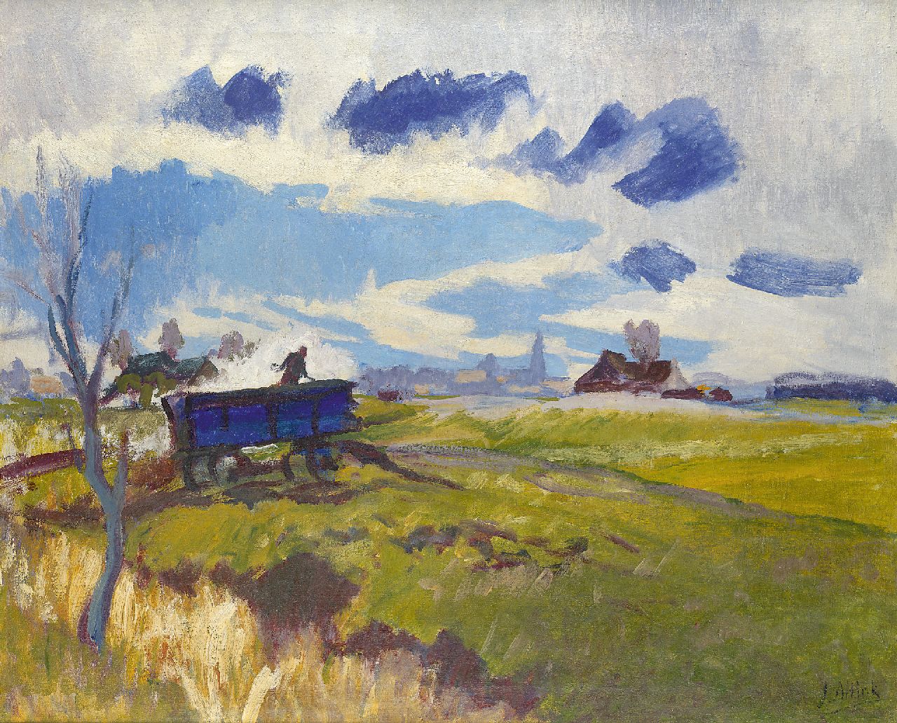 Altink J.  | Jan Altink, Landscape in Groningen with blue wagon, Öl auf Leinwand 64,1 x 78,2 cm, signed l.r. und zu datieren ca. 1930