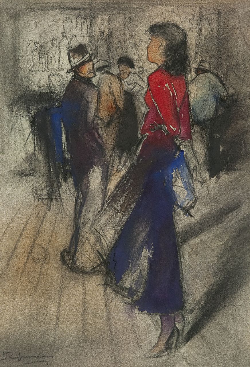 Rijlaarsdam J.  | Jan Rijlaarsdam, Flirtation, Kreide und Aquarell auf Papier 38,5 x 27,5 cm, signed l.l.