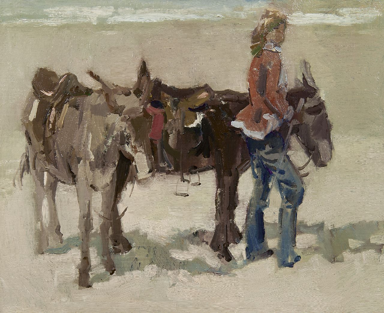 Boer H. de | Hessel de Boer, A girl with donkeys on a beach, Öl auf Leinwand 46,0 x 55,8 cm