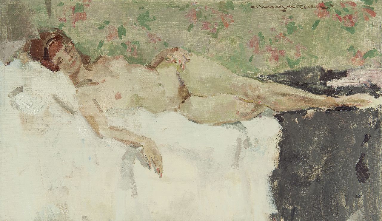 Boer H. de | Hessel de Boer, Reclining nude, Öl auf Leinwand 50,0 x 85,1 cm, signed u.r.