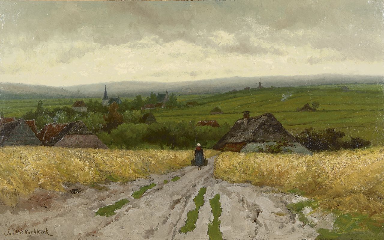 Koekkoek J.H.B.  | Johannes Hermanus Barend 'Jan H.B.' Koekkoek, Panoramic landscape with a country woman on a path, Öl auf Leinwand 64,3 x 102,4 cm, signed l.l.