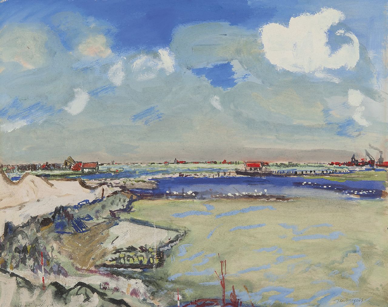 Wiegers J.  | Jan Wiegers, Das Dichten der Deiche, Seeland 1953, Gouache auf Papier 42,4 x 53,3 cm, Unterzeichnet r.u. und datiert 'Schelphoek' Juli 1953