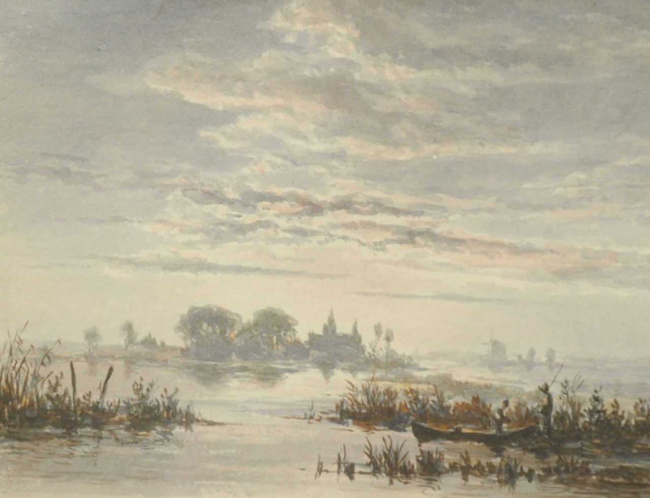 Abels J.Th.  | 'Jacobus' Theodorus Abels, Flusslandschaft in Morgenrot, Aquarell auf Papier 11,0 x 14,0 cm