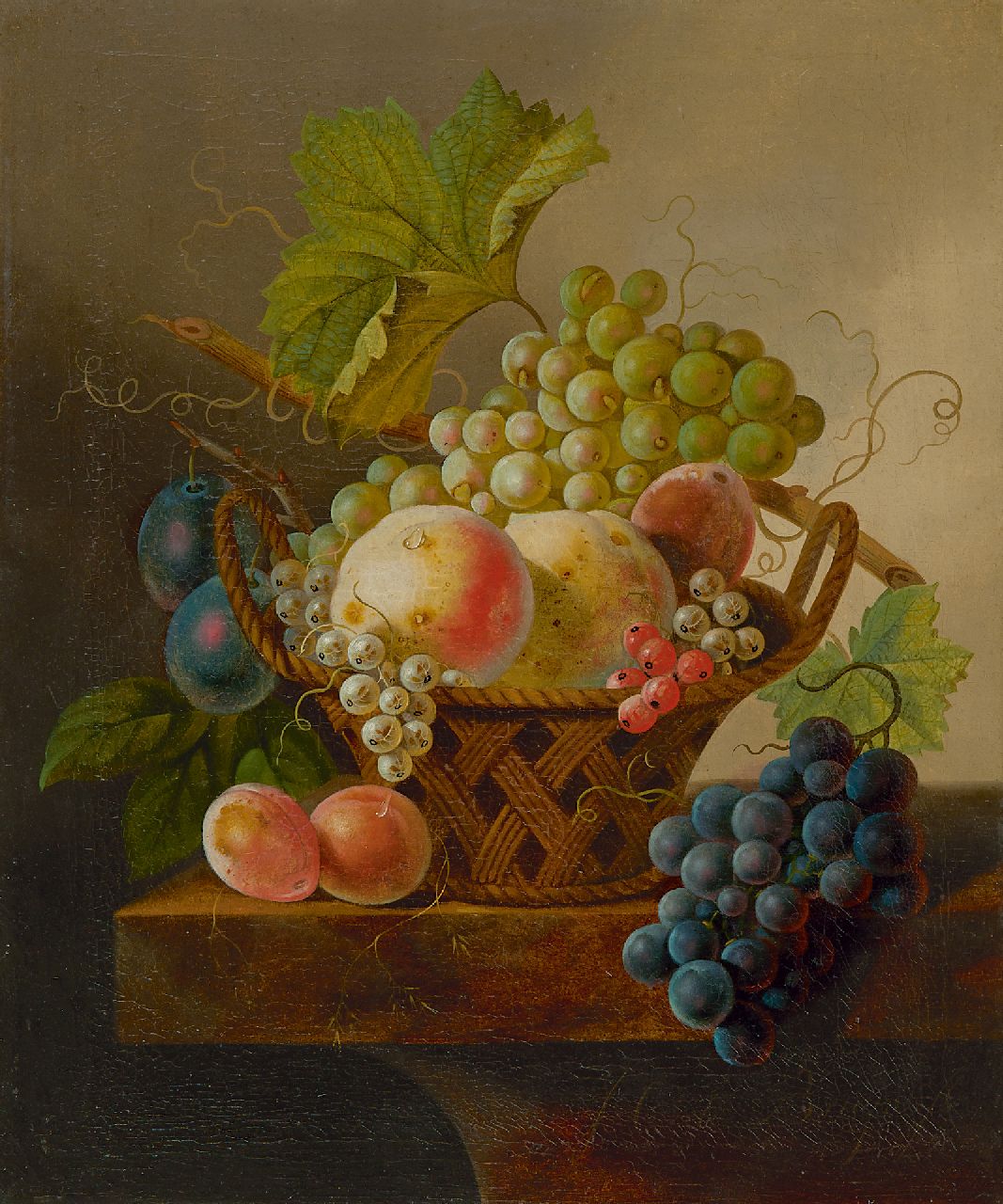 Bruyn J.C. de | Johannes Cornelis de Bruyn | Gemälde zum Verkauf angeboten | Stilleben mit Trauben und Pfirsichen in einem Korb, Öl auf Leinwand 43,8 x 36,0 cm, Unterzeichnet r.u.